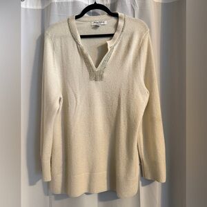 Tommy Bahama Cashmere Beaded V Neck Sweater L Cream